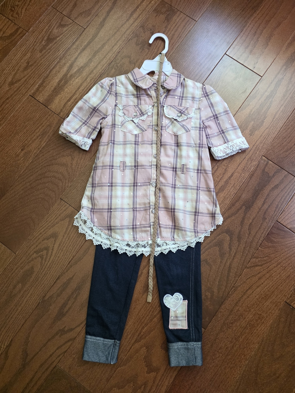 Little Lass Pink Plaid Lace-Trim Button Front Shirt and Denim color leggings